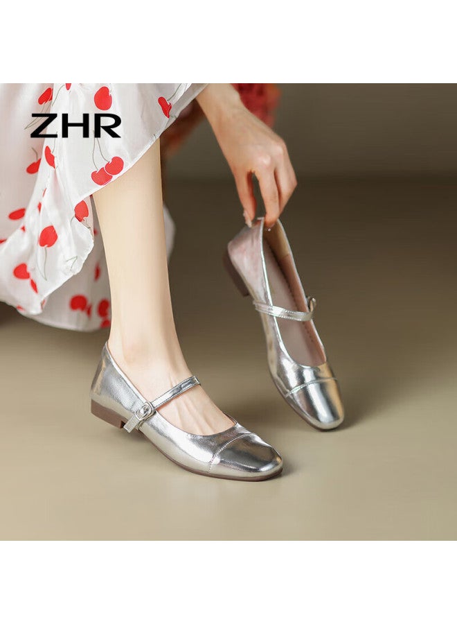 Zhr Women's Autumn Single Shoes Shallow Mouth Mary Jane Shoes Mirror One-word Buckle Women's Shoes Ah335 Silver 37 - Image 1