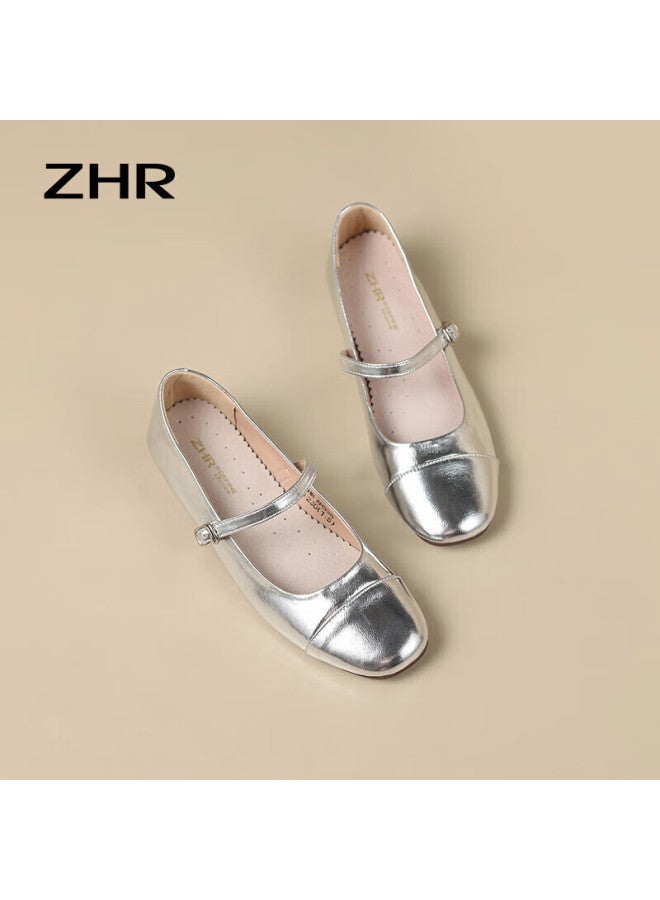 Zhr Women's Autumn Single Shoes Shallow Mouth Mary Jane Shoes Mirror One-word Buckle Women's Shoes Ah335 Silver 37 - Image 5