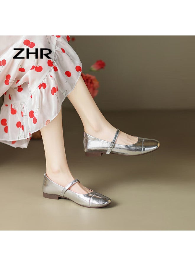 Zhr Women's Autumn Single Shoes Shallow Mouth Mary Jane Shoes Mirror One-word Buckle Women's Shoes Ah335 Silver 37 - Image 2