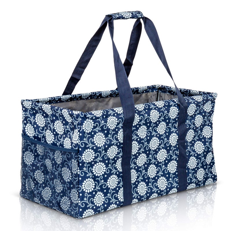 Lucazzi Extra Large Utility Tote Bag Oversized Collapsible Reusable Wire Frame Rectangular Canvas Basket With Two Exterior Pockets For Beach Pool Laundry Car Trunk Storage Navy Sunflower