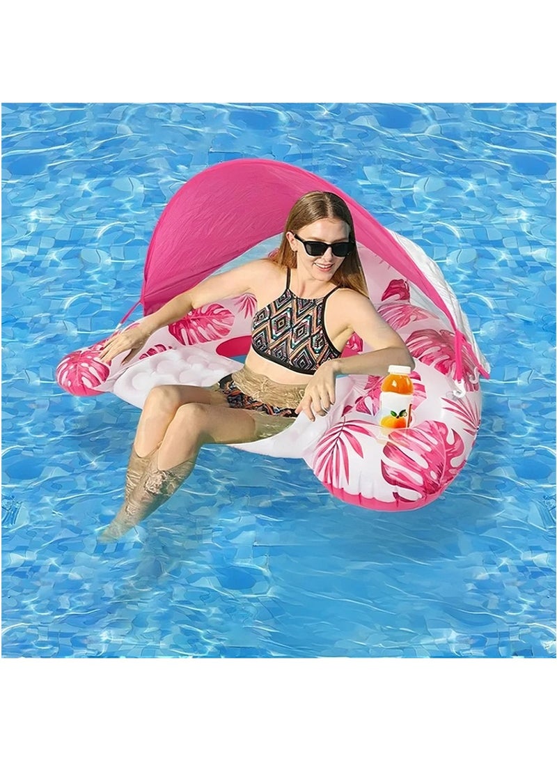 TAPIT PVC Inflatable Pool Float for Adults, Water Play Hammock with Detachable Sunshade Canopy, Leaf Printed Water Lounge Chair with Cup Holder, Portable Water Lounger Beach Lake Pool Party Family Use (Pink) - Image 1