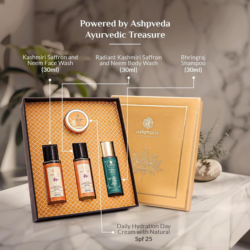 Ashpveda Luxury Ayurvedic Cleanse and Hydrate Gift Box Set for Women and Men Premium Luxury Gift Set Skin Hair Care Gifting Box with Face Wash Body Wash Bhringraj Shampoo and Spf 25 Day Cream - Image 3