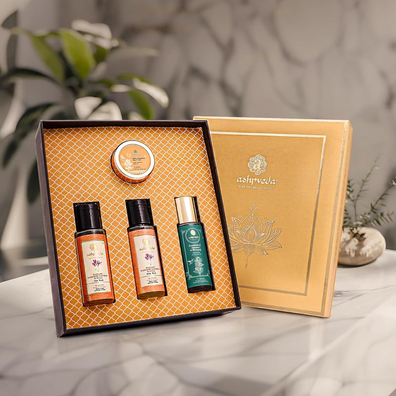 Ashpveda Luxury Ayurvedic Cleanse and Hydrate Gift Box Set for Women and Men Premium Luxury Gift Set Skin Hair Care Gifting Box with Face Wash Body Wash Bhringraj Shampoo and Spf 25 Day Cream - Image 1