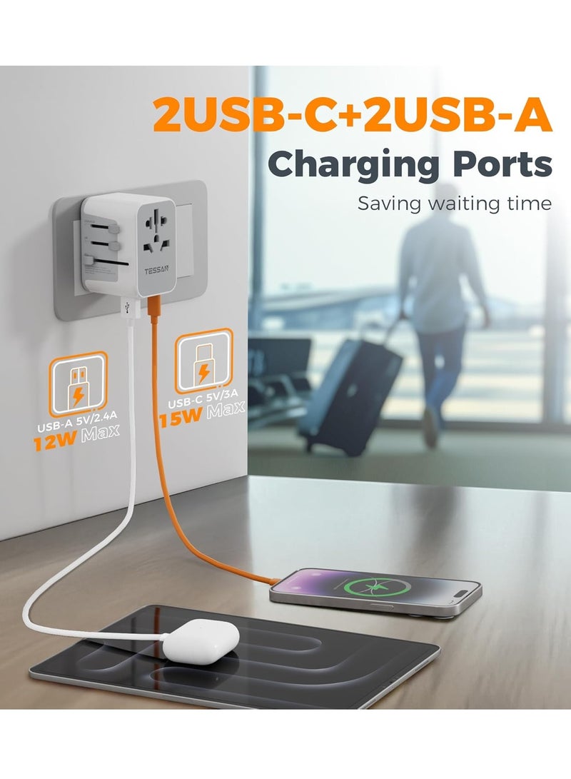تيسان محول سفر عالمي مع منفذي USB C ومنفذي USB A، محول قابس عالمي من المملكة المتحدة إلى العالم، محول سفر دولي للعديد من الدول، الاتحاد الأوروبي والولايات المتحدة والمملكة المتحدة وأستراليا وتايلاند، شاحن حائط محول طاقة دولي 5 في 1 من TESSAN، محطة شحن متعددة للسفر للمنزل والمكاتب واللوازم المدرسية، أبيض - Image 4