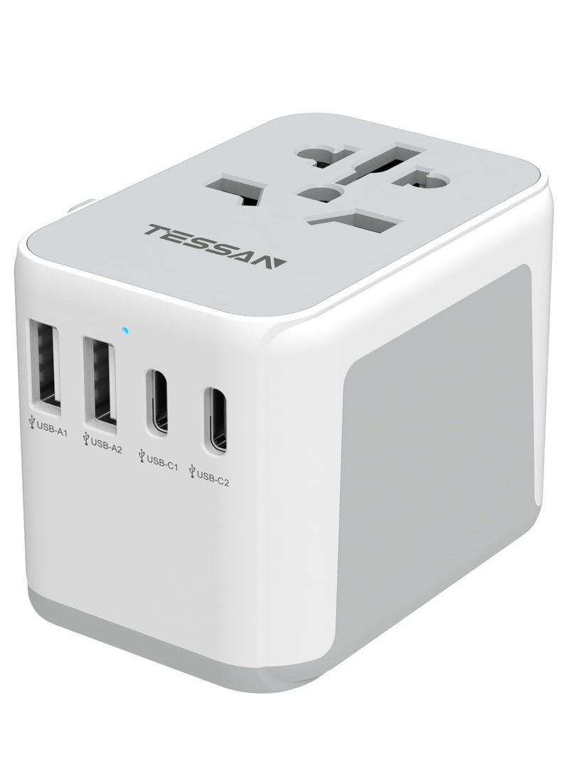 تيسان محول سفر عالمي مع منفذي USB C ومنفذي USB A، محول قابس عالمي من المملكة المتحدة إلى العالم، محول سفر دولي للعديد من الدول، الاتحاد الأوروبي والولايات المتحدة والمملكة المتحدة وأستراليا وتايلاند، شاحن حائط محول طاقة دولي 5 في 1 من TESSAN، محطة شحن متعددة للسفر للمنزل والمكاتب واللوازم المدرسية، أبيض - Image 1