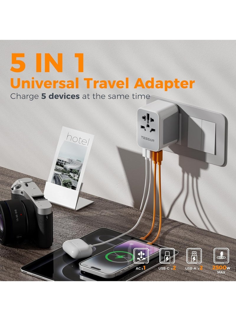 تيسان محول سفر عالمي مع منفذي USB C ومنفذي USB A، محول قابس عالمي من المملكة المتحدة إلى العالم، محول سفر دولي للعديد من الدول، الاتحاد الأوروبي والولايات المتحدة والمملكة المتحدة وأستراليا وتايلاند، شاحن حائط محول طاقة دولي 5 في 1 من TESSAN، محطة شحن متعددة للسفر للمنزل والمكاتب واللوازم المدرسية، أبيض - Image 3