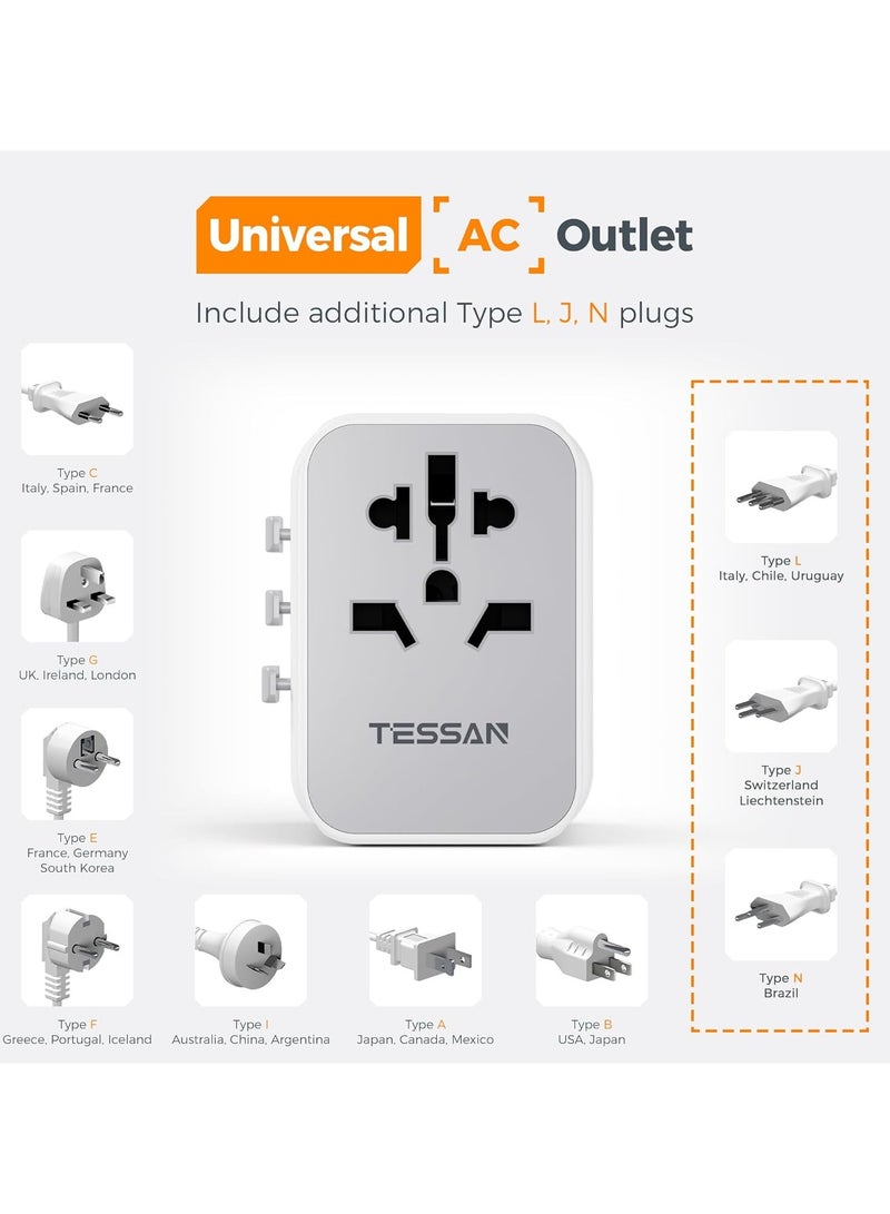 تيسان محول سفر عالمي مع منفذي USB C ومنفذي USB A، محول قابس عالمي من المملكة المتحدة إلى العالم، محول سفر دولي للعديد من الدول، الاتحاد الأوروبي والولايات المتحدة والمملكة المتحدة وأستراليا وتايلاند، شاحن حائط محول طاقة دولي 5 في 1 من TESSAN، محطة شحن متعددة للسفر للمنزل والمكاتب واللوازم المدرسية، أبيض - Image 5