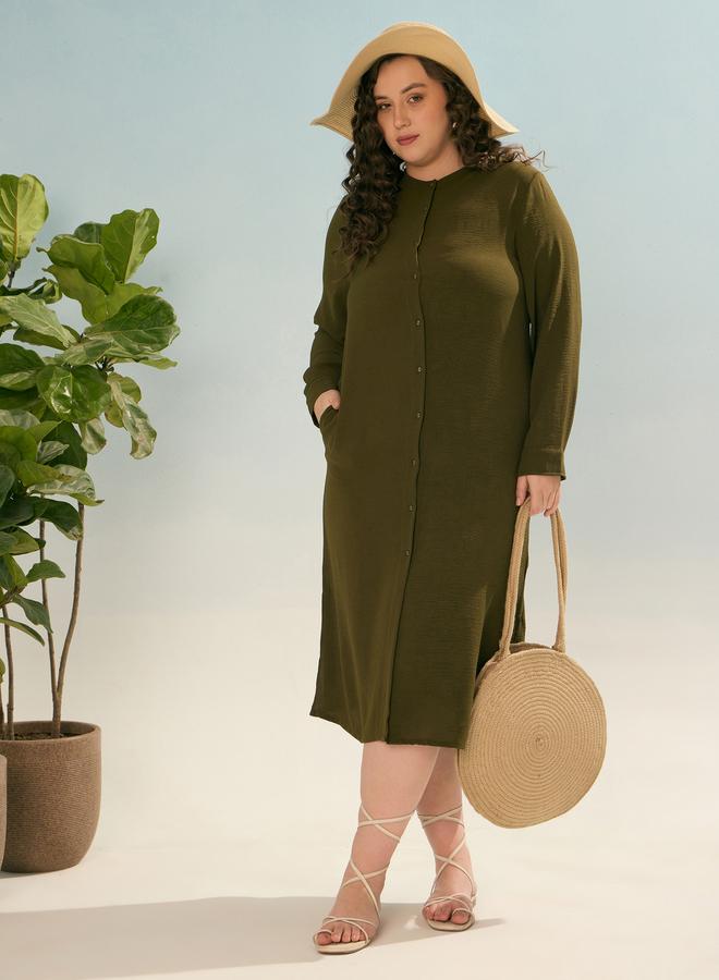 SASSAFRAS Plus Olive Shift Midi Dress with Front Button - Image 2
