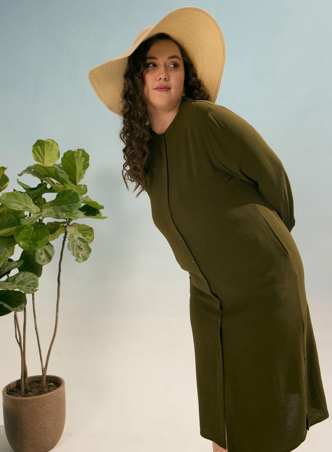 SASSAFRAS Plus Olive Shift Midi Dress with Front Button - Image 1