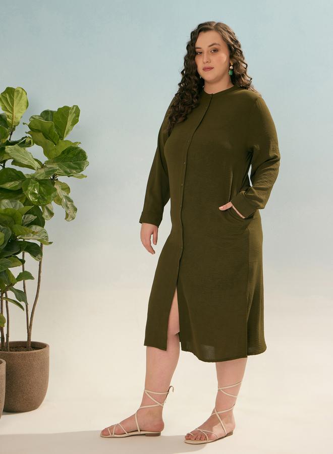 SASSAFRAS Plus Olive Shift Midi Dress with Front Button - Image 3