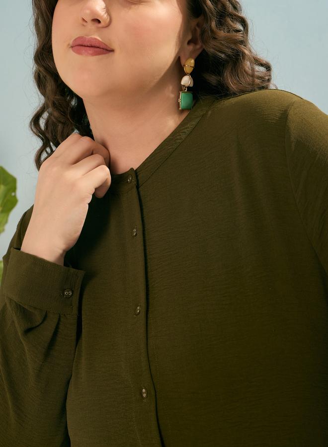 SASSAFRAS Plus Olive Shift Midi Dress with Front Button - Image 4