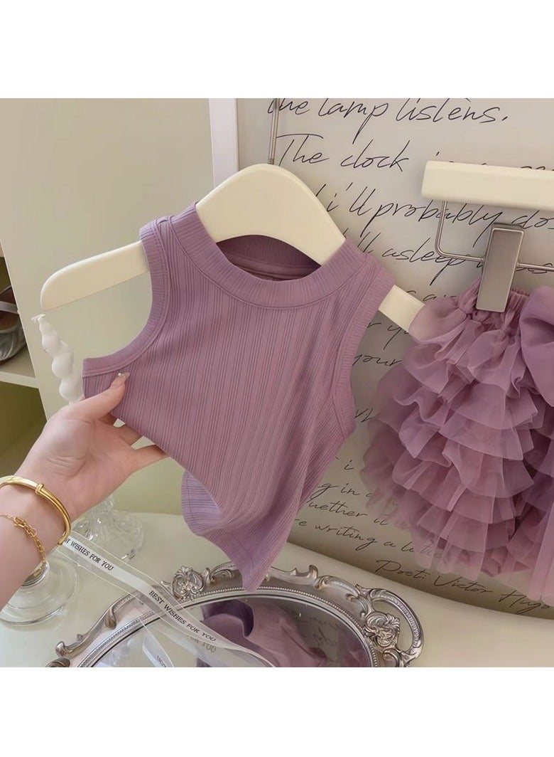 2-3Y Toddler Girls 2-Piece Summer Outfit, Purple Tank Dress Set, Soft & Comfortable Top, Fluffy Tulle Skirt, Sweet & Cute, Perfect for Daily Wear & Party Occasions, Suitable for Height 100cm  - Image 4