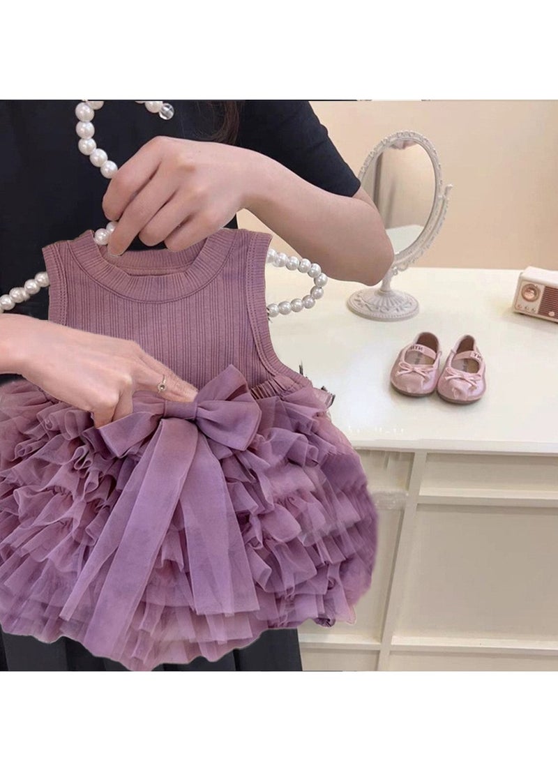 2-3Y Toddler Girls 2-Piece Summer Outfit, Purple Tank Dress Set, Soft & Comfortable Top, Fluffy Tulle Skirt, Sweet & Cute, Perfect for Daily Wear & Party Occasions, Suitable for Height 100cm  - Image 2