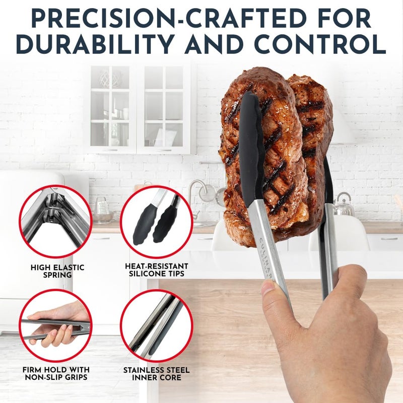 Culinary Couture Kitchen Tongs for Cooking with Silicone Tips, Heat Resistant Tongs for Serving Food, 7-Inch, 9-Inch, 12-Inch Locking Silicone Tong, Set of 3 Salad Tong, Black Kitchen Utensils - Image 3