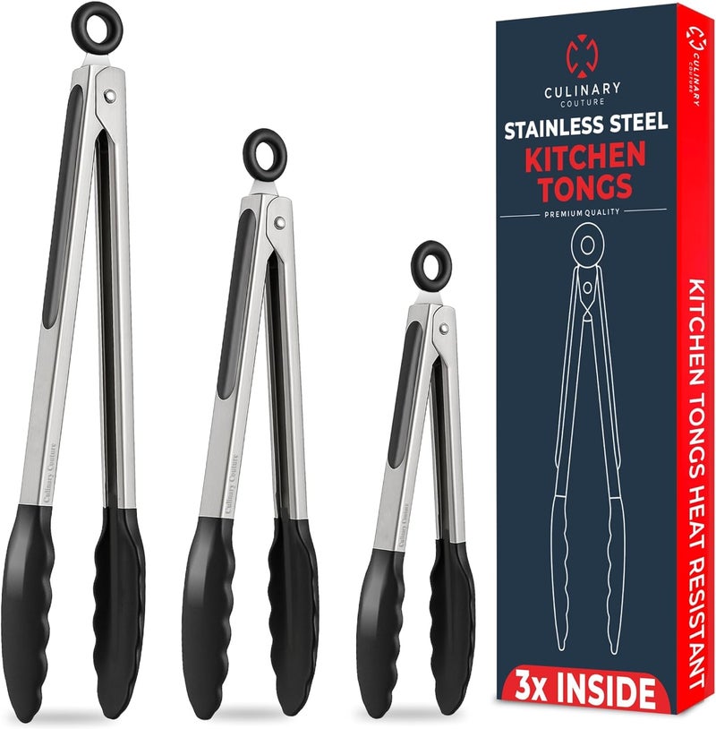 Culinary Couture Kitchen Tongs for Cooking with Silicone Tips, Heat Resistant Tongs for Serving Food, 7-Inch, 9-Inch, 12-Inch Locking Silicone Tong, Set of 3 Salad Tong, Black Kitchen Utensils - Image 1