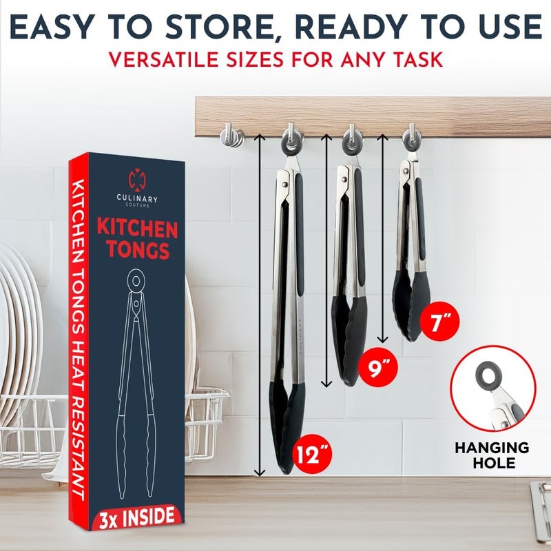 Culinary Couture Kitchen Tongs for Cooking with Silicone Tips, Heat Resistant Tongs for Serving Food, 7-Inch, 9-Inch, 12-Inch Locking Silicone Tong, Set of 3 Salad Tong, Black Kitchen Utensils - Image 2