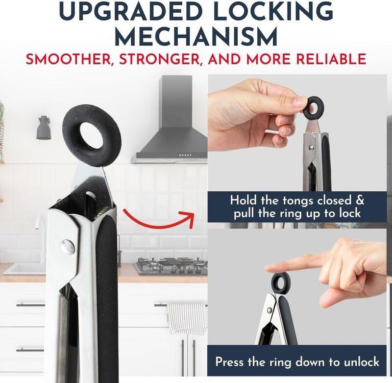 Culinary Couture Kitchen Tongs for Cooking with Silicone Tips, Heat Resistant Tongs for Serving Food, 7-Inch, 9-Inch, 12-Inch Locking Silicone Tong, Set of 3 Salad Tong, Black Kitchen Utensils - Image 4