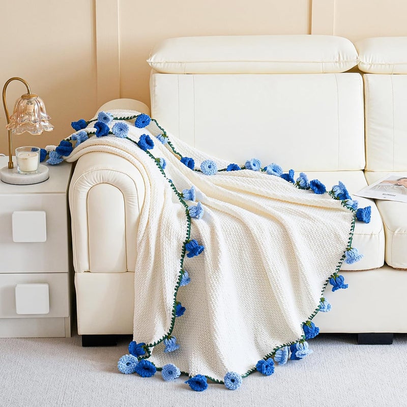 Longhui bedding بطانية زهرة السماء الزرقاء، بطانية ناعمة دائرية عملاقة مصنوعة من مادة الشينيل (بيج، 40 بوصة) - Image 3