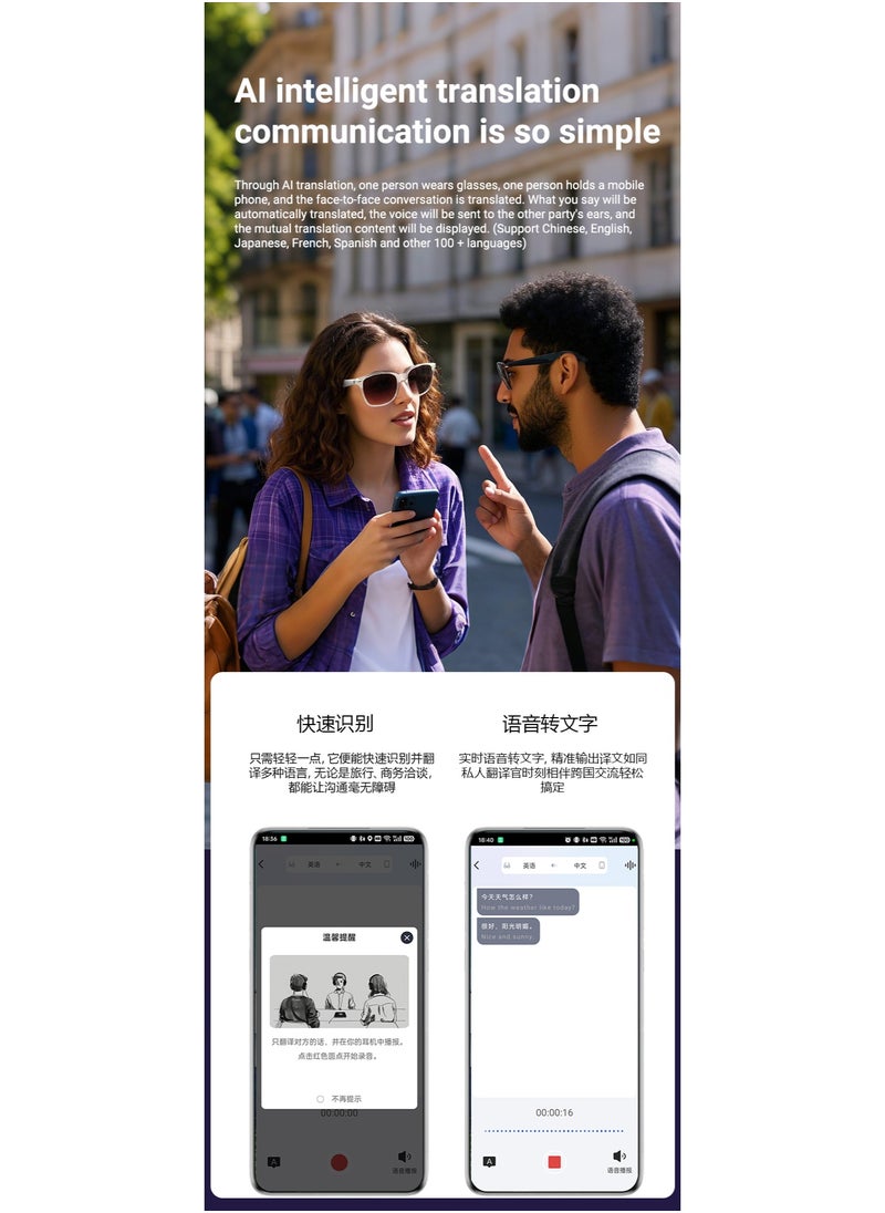 Ai Translation Bluetooth Glasses Multi-Language Real-Time Translation Glasses Listen To Music And Make Calls Smart Uv-Proof Sunglasses