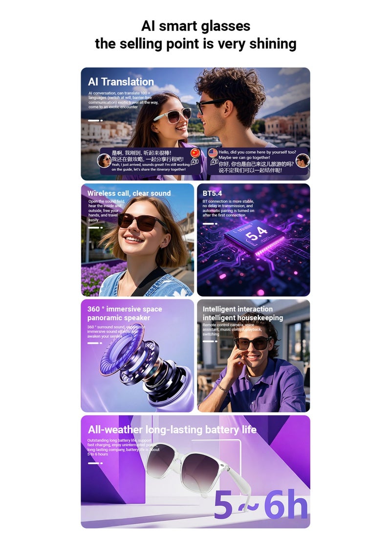 Ai Translation Bluetooth Glasses Multi-Language Real-Time Translation Glasses Listen To Music And Make Calls Smart Uv-Proof Sunglasses