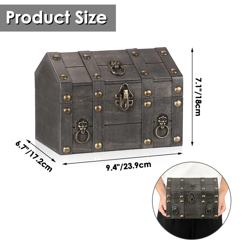ELLDOO Vintage Treasure Chest Box, Pirate Keepsakes Box for Kids Gifts Pirate Theme Party, Wooden Treasure Storage Box Decorative Box for Jewelry Pearl Trinkets, Vintage Grey - Image 2