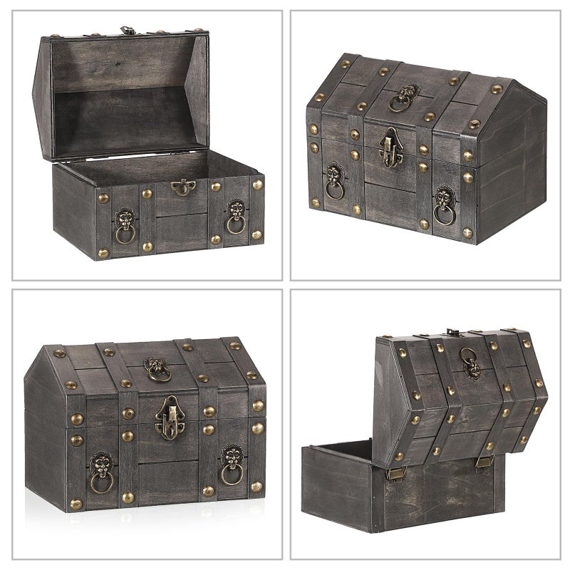 ELLDOO Vintage Treasure Chest Box, Pirate Keepsakes Box for Kids Gifts Pirate Theme Party, Wooden Treasure Storage Box Decorative Box for Jewelry Pearl Trinkets, Vintage Grey - Image 3