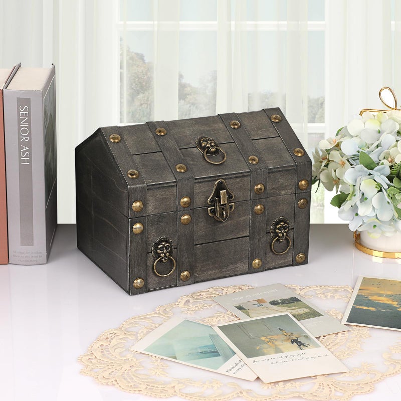 ELLDOO Vintage Treasure Chest Box, Pirate Keepsakes Box for Kids Gifts Pirate Theme Party, Wooden Treasure Storage Box Decorative Box for Jewelry Pearl Trinkets, Vintage Grey - Image 4