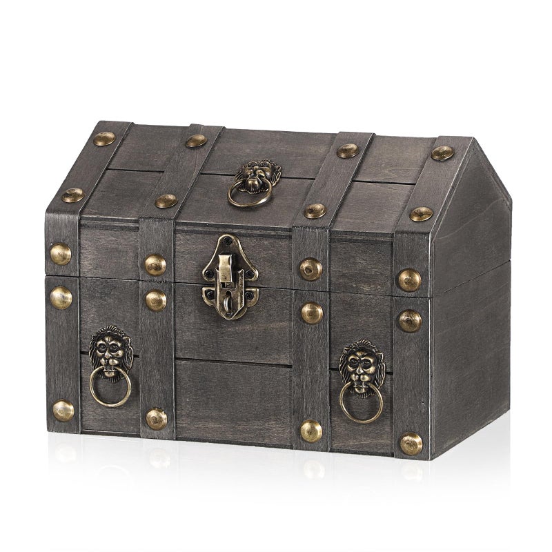 ELLDOO Vintage Treasure Chest Box, Pirate Keepsakes Box for Kids Gifts Pirate Theme Party, Wooden Treasure Storage Box Decorative Box for Jewelry Pearl Trinkets, Vintage Grey - Image 1