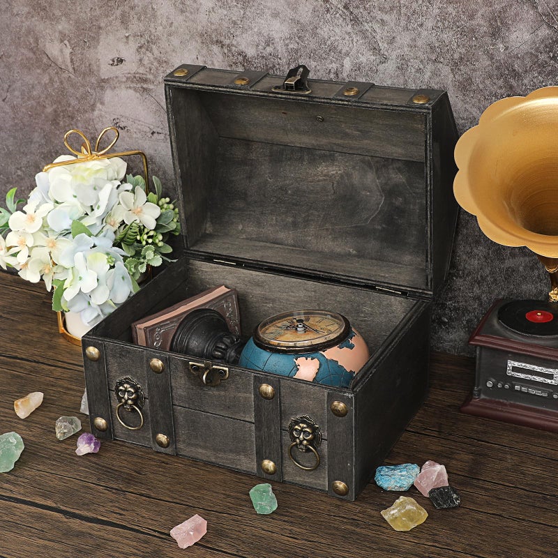 ELLDOO Vintage Treasure Chest Box, Pirate Keepsakes Box for Kids Gifts Pirate Theme Party, Wooden Treasure Storage Box Decorative Box for Jewelry Pearl Trinkets, Vintage Grey - Image 5