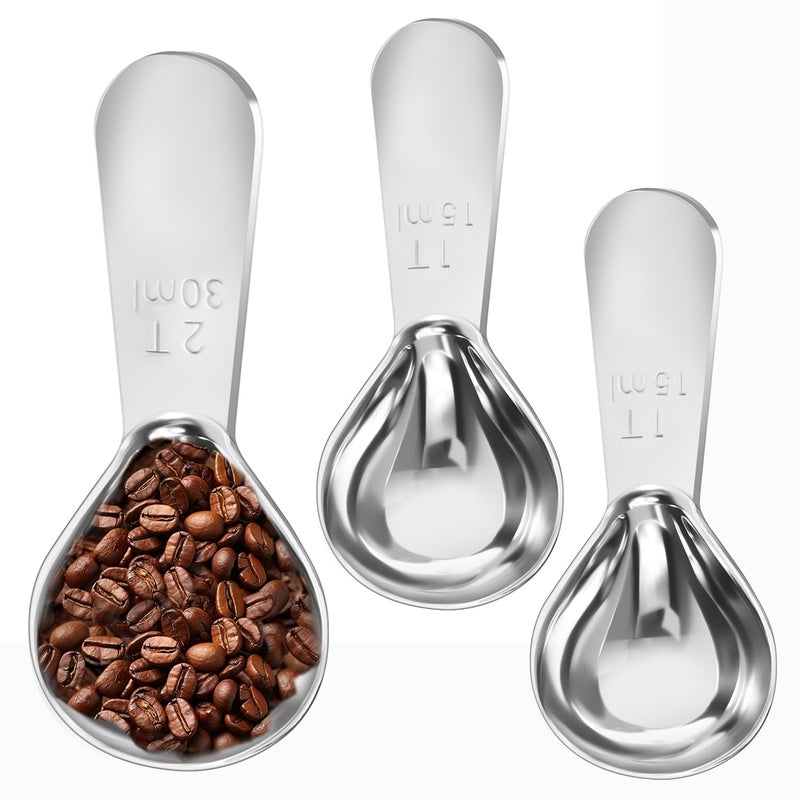 Quadafy Stainless Steel Coffee Scoop Set - 3 Pc Measuring Spoons (1 Tbsp & 2 Tbsp Scoop) for Ground Coffee, Tea, Sugar Or Flour, Short Handles - Image 1