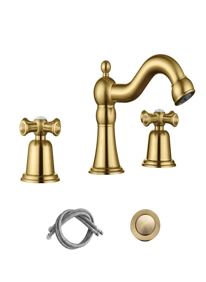RKF Bathroom Faucets for Sink 3 Hole Gold 8 inch Widespread Bathroom Sink Faucet with Drain 2 Handles Cross Knobs Faucet Bathroom Vanity Faucet Basin Mixer Tap CWF033-BG - Image 1