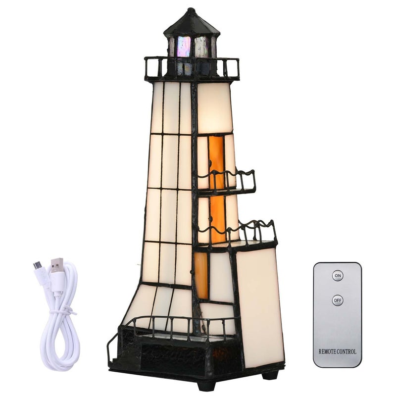 Bieye L10779 Lighthouse Tiffany Style Stained Glass Accent Table Lamp Night Light with Lookout Platform for Home Decoration 4x6x11 Brown