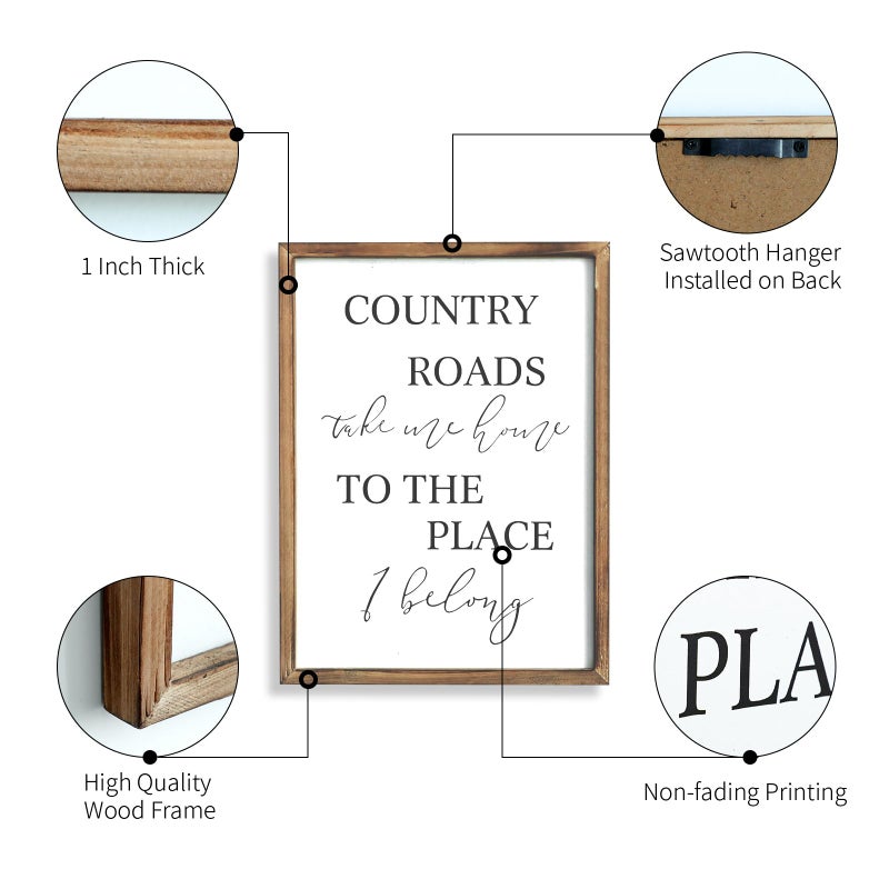 JUMBO DECOR Country Roads Take Me Home Wall Sign, Large Farmhouse Country Sign with Solid Wood Frame, Vintage Wall Art for Living Room, Bedroom, Home Decor - Image 2