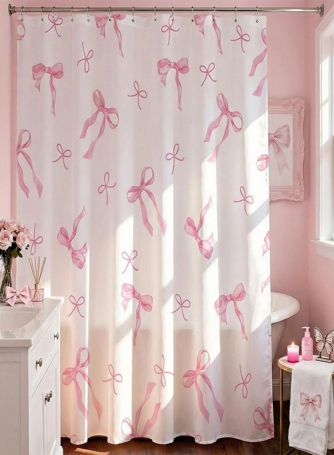 Mocsicka Pink Shower Curtain Coquette Preppy Bow Shower Curtain for Bathroom Modern Aesthetic Fabric Shower Curtain Set with Hooks 71x71 Inch (Pink, 71x71 inch) - Image 1