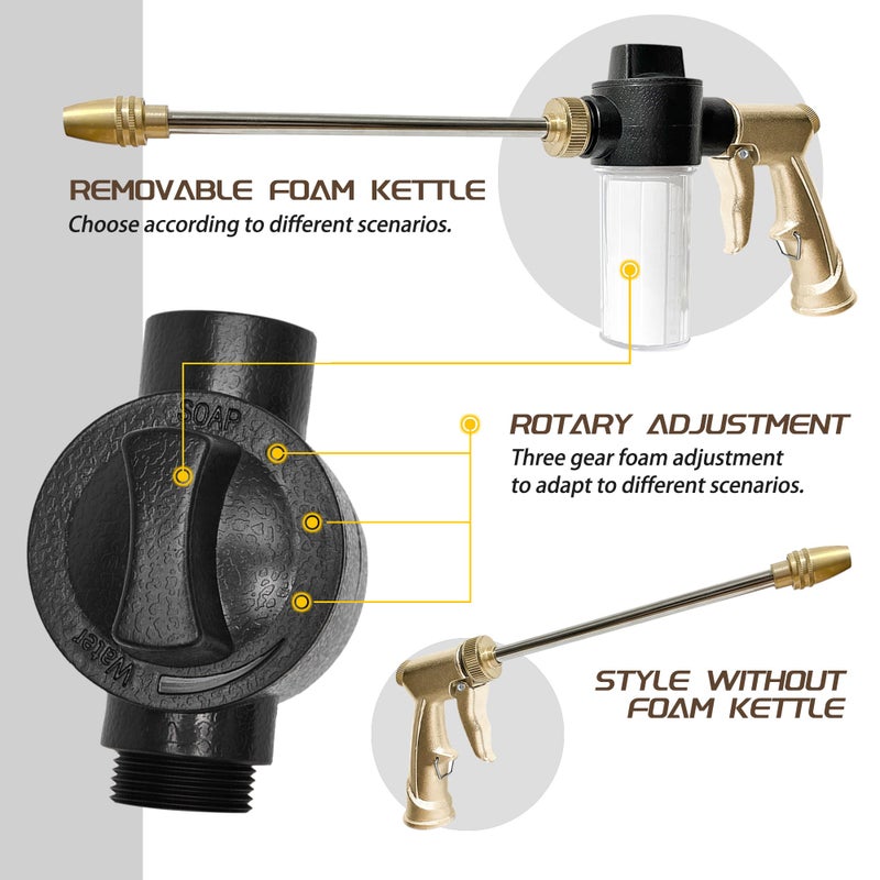 MOSIKEN High Pressure Garden Hose Nozzle Sprayer with 3.5oz Plastic Soap Dispenser Bottle, Heavy Duty Car Wash Foam Gun, Adjustable Nozzle for Gardening, Solar Panel Cleaning, Pet Showering (Brass) - Image 2