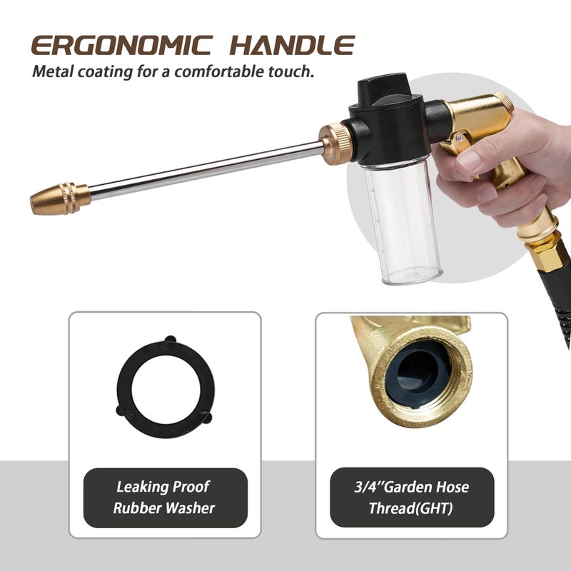 MOSIKEN High Pressure Garden Hose Nozzle Sprayer with 3.5oz Plastic Soap Dispenser Bottle, Heavy Duty Car Wash Foam Gun, Adjustable Nozzle for Gardening, Solar Panel Cleaning, Pet Showering (Brass) - Image 5