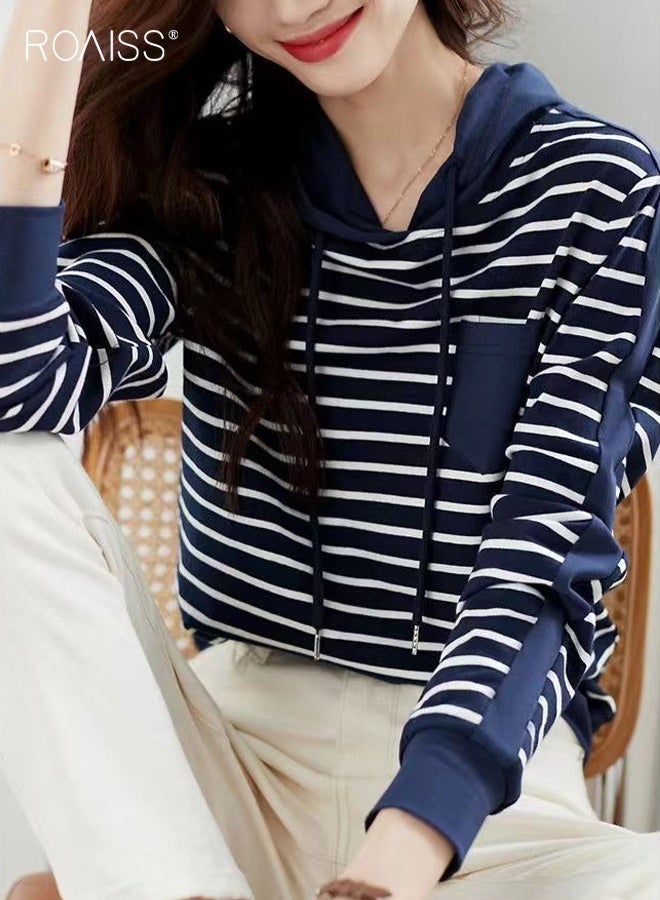 رويس بلوفر نسائي أنيق مخطط باللونين الأزرق الداكن والأبيض بأكمام طويلة مع غطاء رأس برباط وجيوب، ملائم بشكل ناعم ومريح للارتداء غير الرسمي في الخريف والشتاء - Image 4