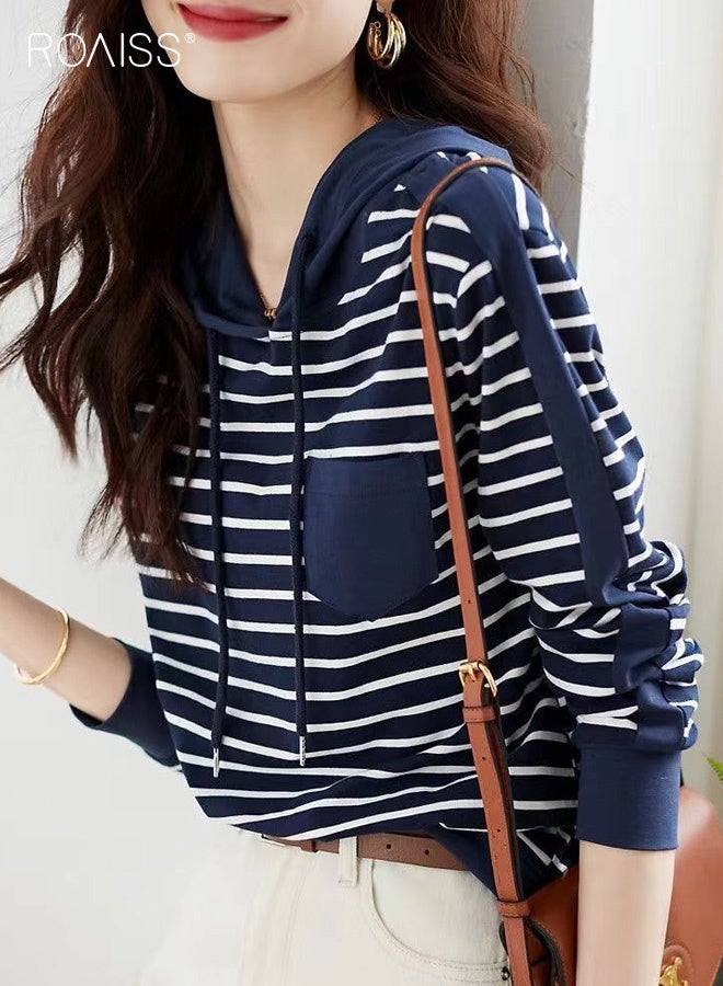 رويس بلوفر نسائي أنيق مخطط باللونين الأزرق الداكن والأبيض بأكمام طويلة مع غطاء رأس برباط وجيوب، ملائم بشكل ناعم ومريح للارتداء غير الرسمي في الخريف والشتاء - Image 3