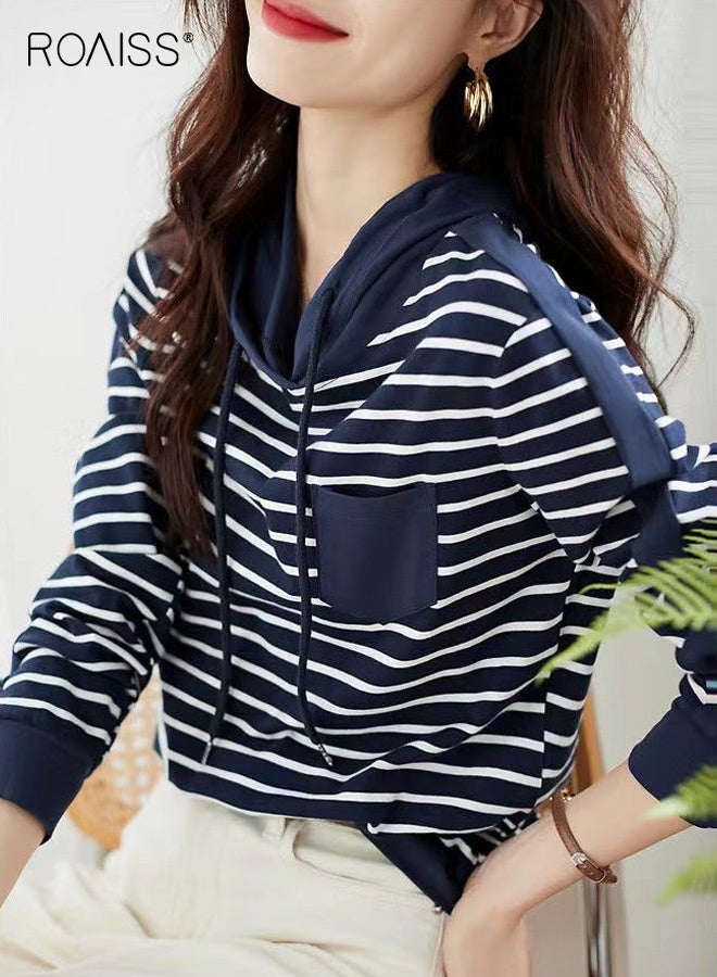 رويس بلوفر نسائي أنيق مخطط باللونين الأزرق الداكن والأبيض بأكمام طويلة مع غطاء رأس برباط وجيوب، ملائم بشكل ناعم ومريح للارتداء غير الرسمي في الخريف والشتاء - Image 2