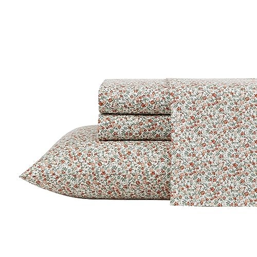 Laura Ashley Full Size Sheet Set Crisp Lightweight Cotton Percale Bedding with Fitted Sheet and Pillowcases Floral Room Decor Deep Pocket College Dorm Room Essentials Emogene Orange - Image 1