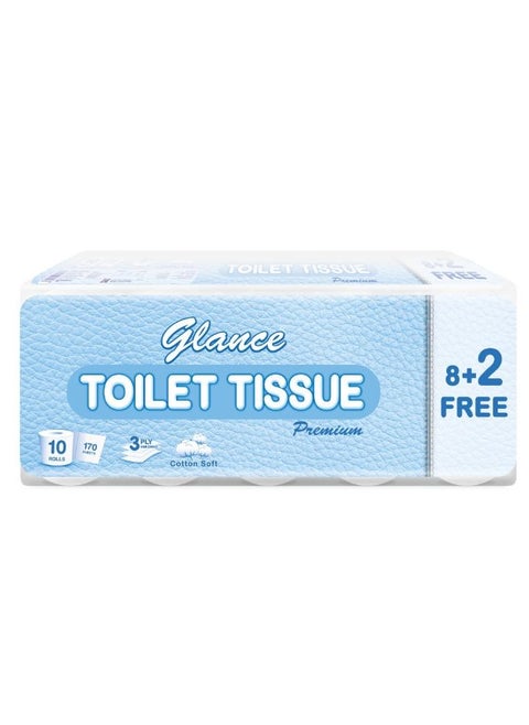 Toilet Tissues 170 Sheets x 3 Ply ( 8 + 2 Free Rolls) Pack of 10
