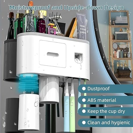 NUVEX Toothbrush Holder WallMounted with Automatic Toothpaste Dispenser Squeezer Kit Bathroom Organizer with Magnetic Cups Drawer Storage Space Saver 2 Cups ABS Plastic White - Image 2