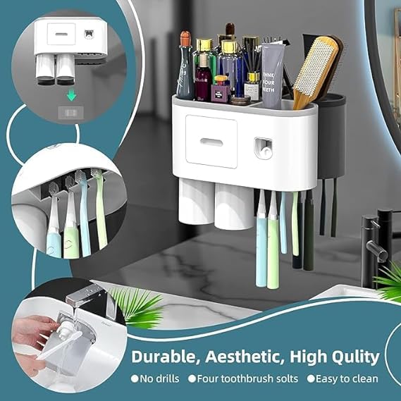 NUVEX Toothbrush Holder WallMounted with Automatic Toothpaste Dispenser Squeezer Kit Bathroom Organizer with Magnetic Cups Drawer Storage Space Saver 2 Cups ABS Plastic White - Image 3