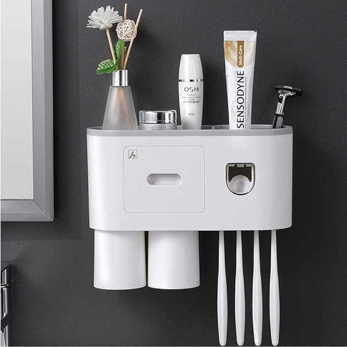 NUVEX Toothbrush Holder WallMounted with Automatic Toothpaste Dispenser Squeezer Kit Bathroom Organizer with Magnetic Cups Drawer Storage Space Saver 2 Cups ABS Plastic White - Image 1