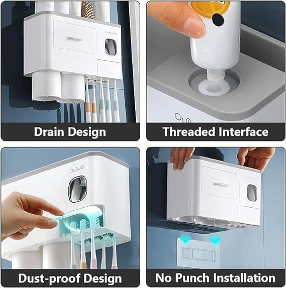 NUVEX Toothbrush Holder WallMounted with Automatic Toothpaste Dispenser Squeezer Kit Bathroom Organizer with Magnetic Cups Drawer Storage Space Saver 2 Cups ABS Plastic White - Image 4