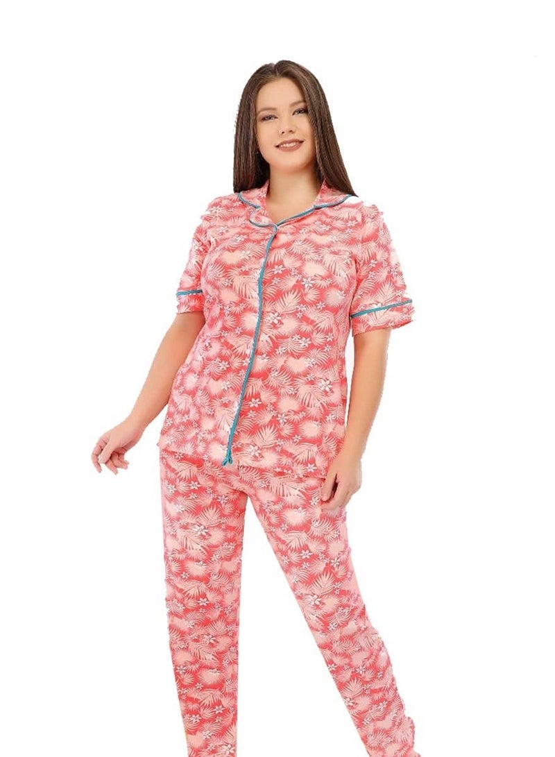Ganna Women's short-sleeved pyjamas with buttons and summer long pants made of cotton large sizes 