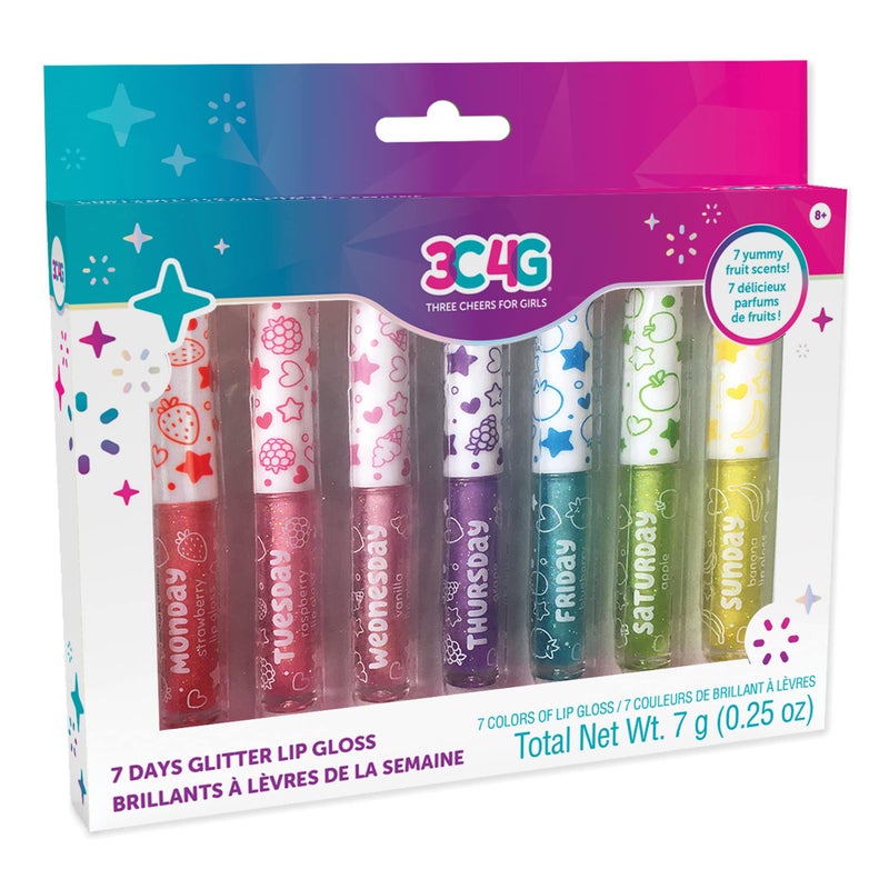 Make It Real 3C4G 7 Days Glitter Lip Gloss - Flavored Lip Gloss Set for Girls - Strawberry, Raspberry, Vanilla and More! - 7 Piece Lip Gloss Kit - Image 1
