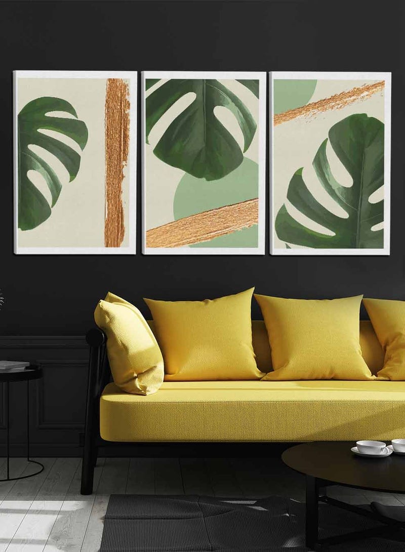 LOWHA Set Of 3 Framed Canvas Wall Arts Stretched Over Wooden Frame, Monstera Deliciosa Leaves Paintings, For Home, Living Room, Office Decor - Image 1