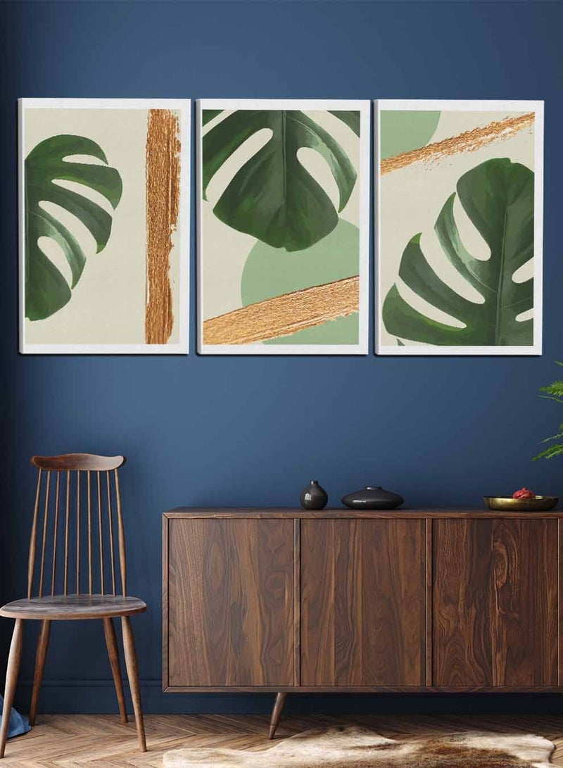 LOWHA Set Of 3 Framed Canvas Wall Arts Stretched Over Wooden Frame, Monstera Deliciosa Leaves Paintings, For Home, Living Room, Office Decor - Image 2