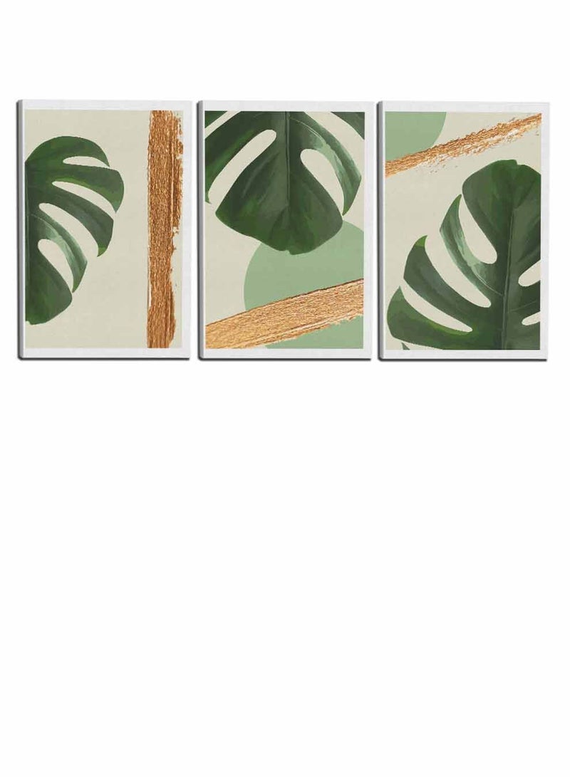 LOWHA Set Of 3 Framed Canvas Wall Arts Stretched Over Wooden Frame, Monstera Deliciosa Leaves Paintings, For Home, Living Room, Office Decor - Image 4